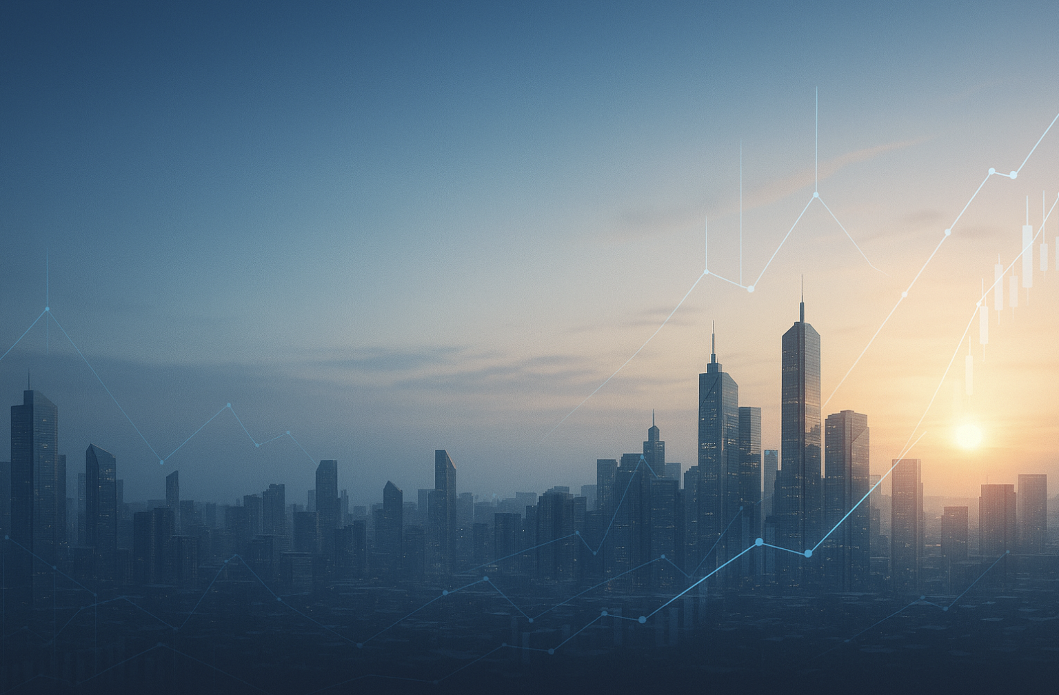 City skyline at sunset with overlaid data visualization elements showing connected networks and financial graphs