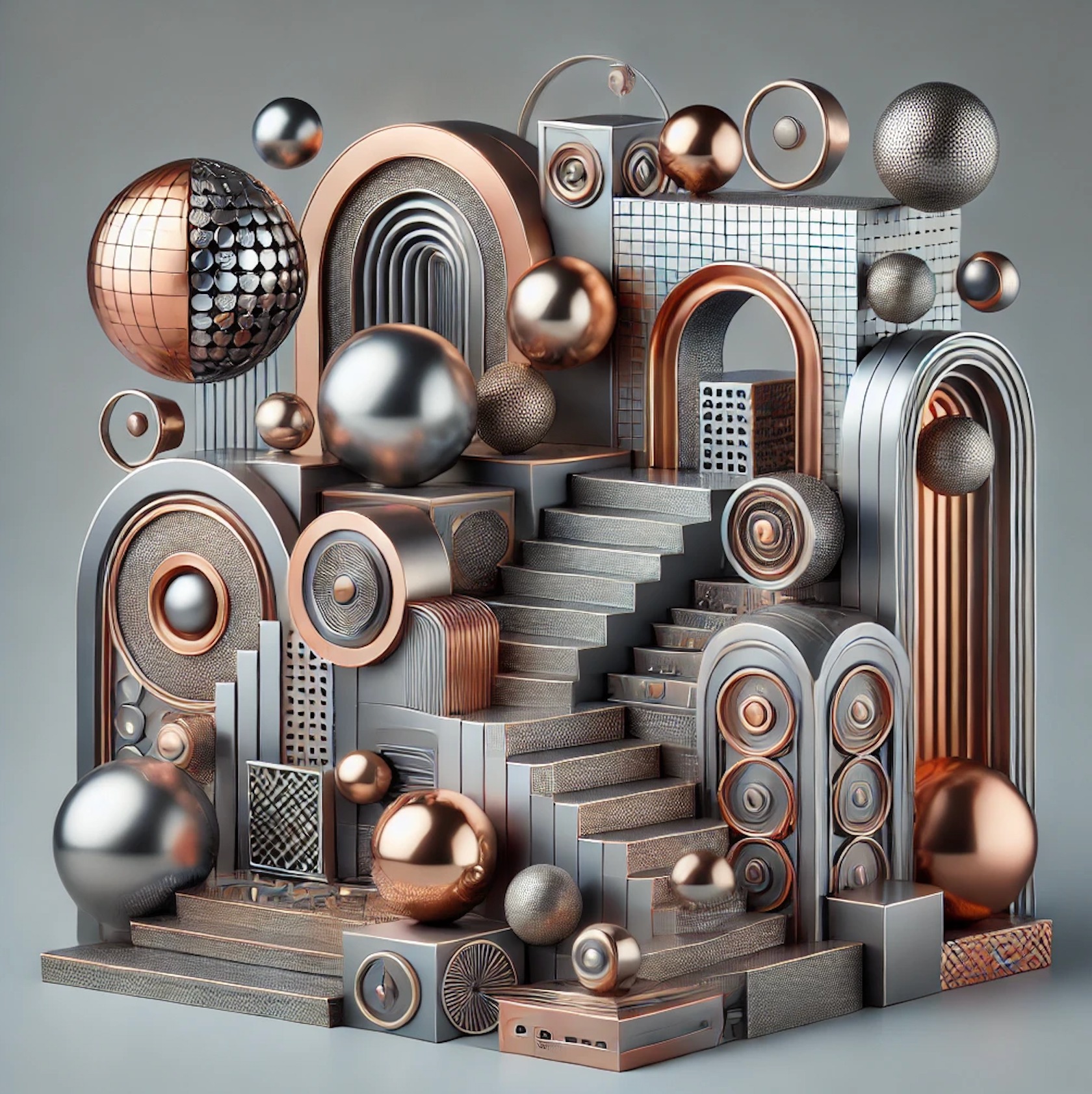 Abstract 3D composition with metallic spheres and geometric shapes