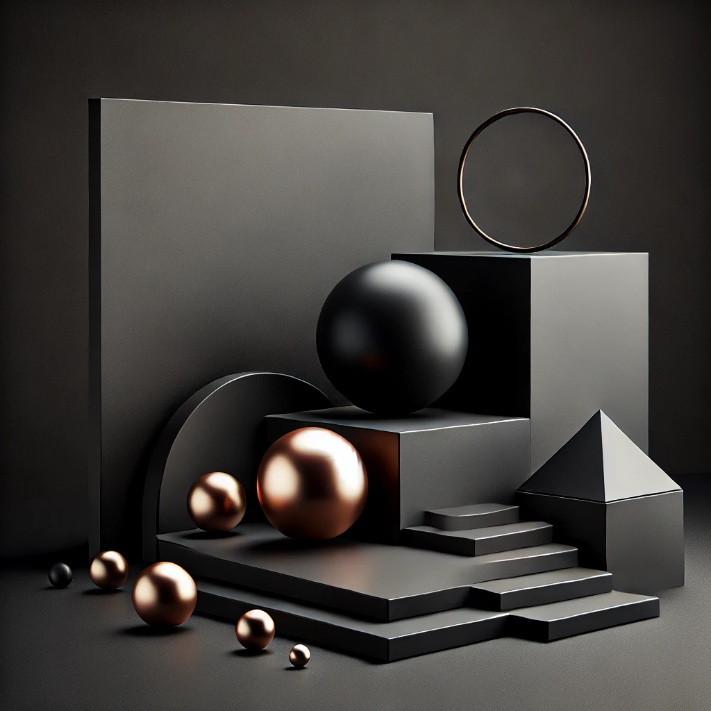 Abstract 3D composition with black and copper spheres